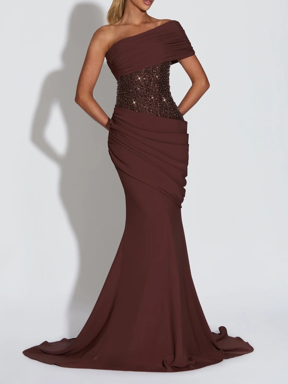 One-Shoulder Chocolate Gown with Beaded Corset (Baby Boo Ellora gown-plum brown)